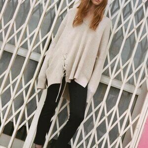 All Saints Able Laced Sweater Jumper Long Sleeve Wool Cashmere Knit Tan Small